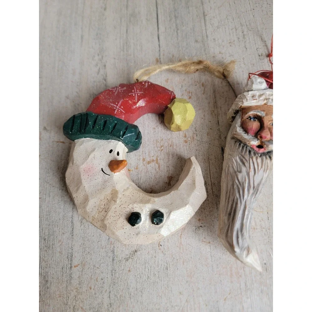 Rustic vintage Santa Claus wooden Moon crescent ornament Xmas set